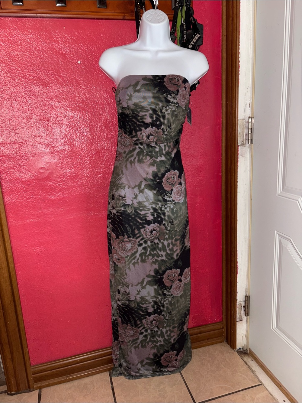 Strapless Floral Maxi Dress in Olive and Mauve